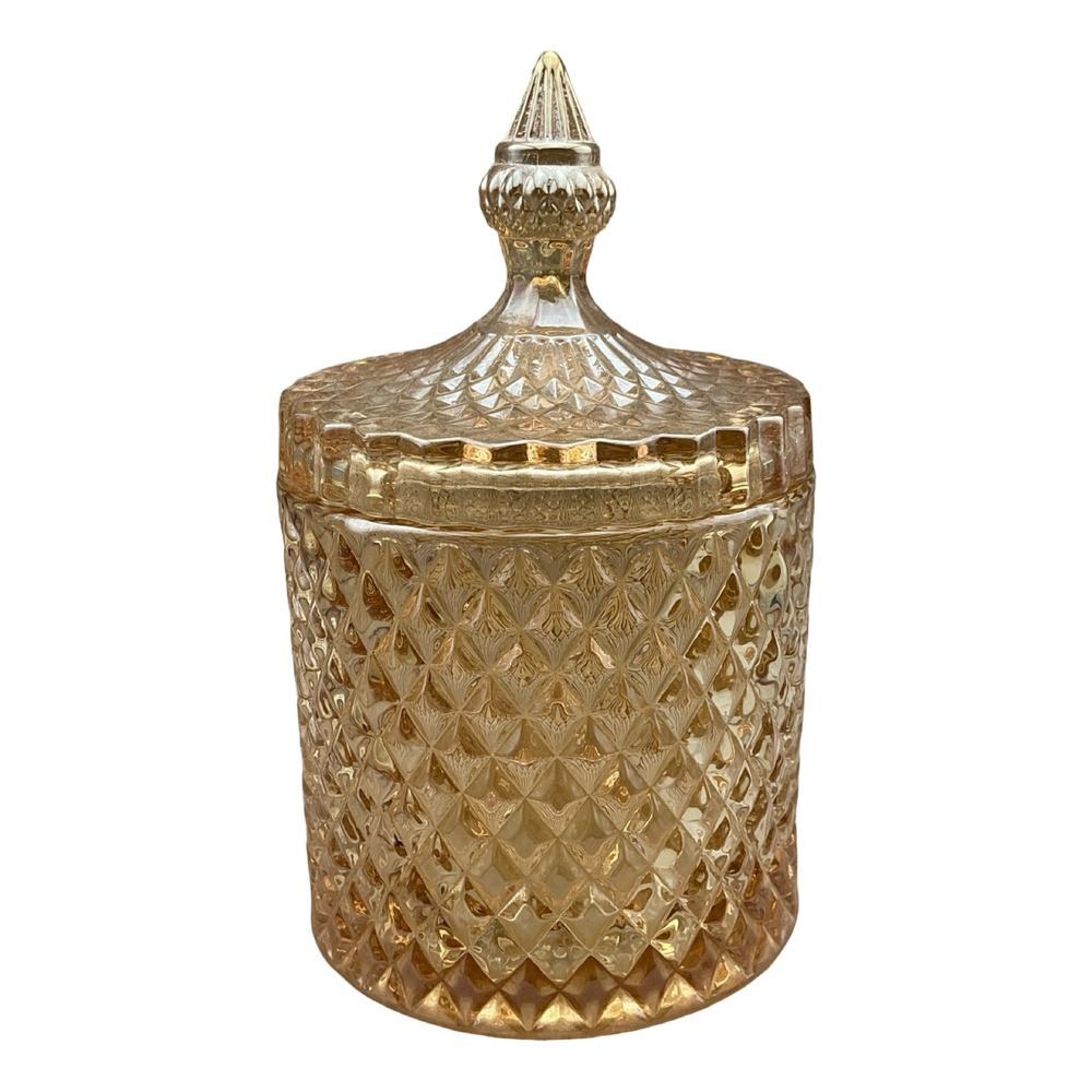 Amber Glass Diamond Point Apothecary Jar with Lid Vintage Candy Dish 7 inch
